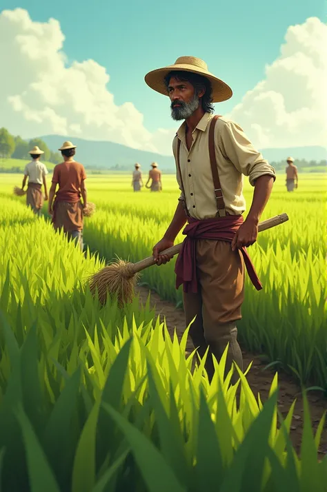 **Hari working in the fields**: Hari, the farmer, is shown working in his fields with other villagers in the background. The scene captures the lush green crops under a clear sky, with the villagers tending to their work