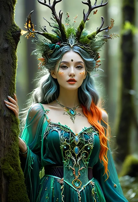 high quality, 8K Ultra HD, 一位迷人女性的Surrealism肖像.
最high quality，masterpiece：1.2，details，A full-body image of a beautiful forest witch wearing a decorative dress., Exquisite facial features，Witch fashion, Dynamic poses, Fairy tale lights, Surrealism, Ultra-ma...