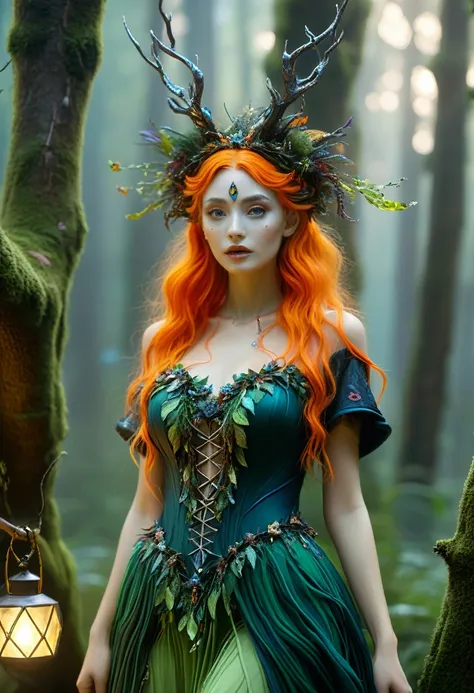 high quality, 8K Ultra HD, 一位迷人女性的Surrealism肖像.
最high quality，masterpiece：1.2，details，A full-body image of a beautiful forest witch wearing a decorative dress., Exquisite facial features，Witch fashion, Dynamic poses, Fairy tale lights, Surrealism, Ultra-ma...