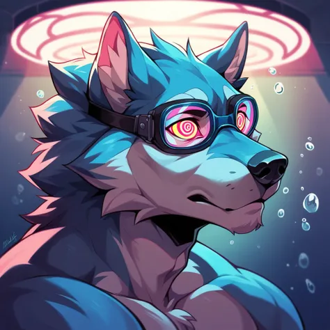 Wolf, Hypnotic Eyes, Underwater Photography, Swimming Goggles,  mode, Neon Light, Cinematic, Vibrant, Dominant representation