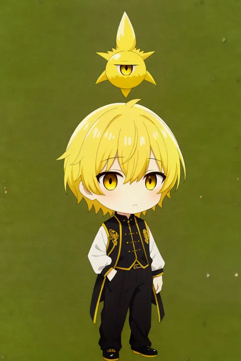 1boy,yellow hair, chibi, yellow eye, full body, green back ground