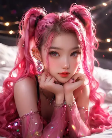 8K,Asian cute girl，an extremely delicate and beautiful,Beautiful and realistic skin,Shiny jewel-like earrings,Bedhead,like glitter pink hair,,beautiful eyes,full body