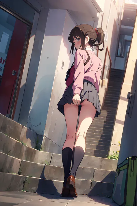 animese anime girl in skirt and blouse, walking up the stairs, 1girl, stairs, skirt, brown hair,ponytail,angry,blush, looking at viewer, looking back, solo, grey skirt, long skirt,school uniform, pleated skirt,(((covering ass))), blush, long sleeves, bangs...