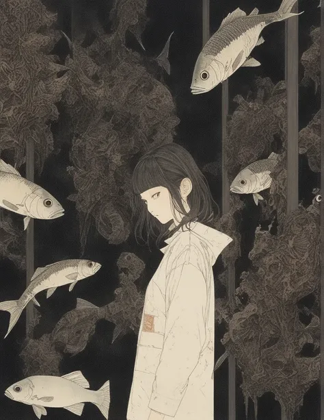 Takato Yamamoto style、Please generate an illustration of a beautiful girl observing an exhibition room in a museum filled with fish bone specimens. The main thing is fish specimens. The exhibition room is dark and only the fish bone specimens are lit up. I...