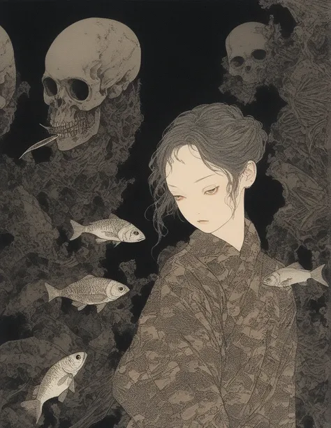 Takato Yamamoto style、Please generate an illustration of a beautiful girl observing an exhibition room in a museum filled with fish bone specimens. The main thing is fish specimens. The exhibition room is dark and only the fish bone specimens are lit up. I...