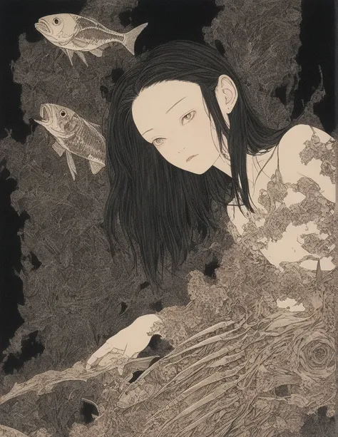 Takato Yamamoto style、Please generate an illustration of a beautiful girl observing an exhibition room in a museum filled with fish bone specimens. The main thing is fish specimens. The exhibition room is dark and only the fish bone specimens are lit up. I...