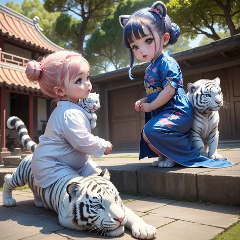 A  chibi baby girl with two buns on her head and wear blue chinese dress, as cute and chubby as a  on a Chinese calendar,playing with the white tiger in front of the house.