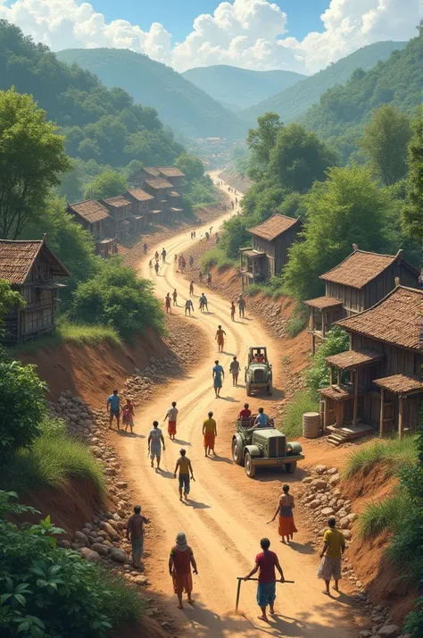 **Village Road Construction**: Depict the villagers working together to build a road that connects the village to the city. The scene includes construction activities, with a mixture of traditional and modern tools, and villagers discussing the progress.