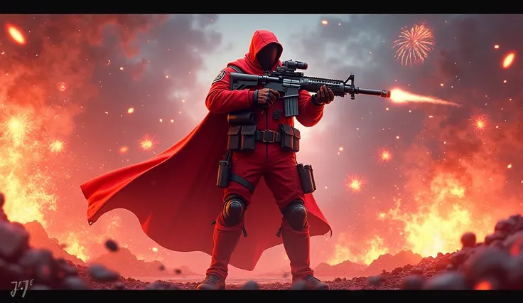 I need a thumbnail for my free fire live stream PS 777 FF and the character is very red colour and the background is fire crackers and fully arranged mode in that figure will hold the gun in their hands and upon PS 77 ff is streaming now make it