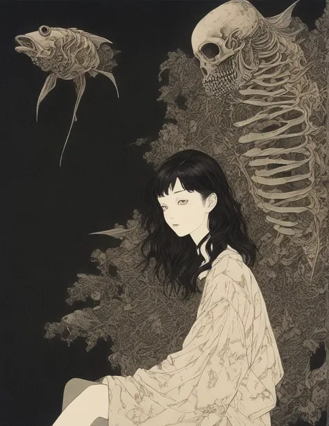 takato yamamoto style、please generate an illustration of a beautiful girl observing an exhibition room in a museum filled with f...