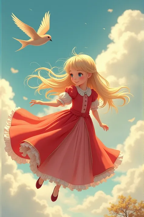 Masterpiece, top quality, highly detailed, highly detailed, ultra-realistic, delicate anime style illustration. 19th century Europe, cinematic lighting, a very small princess flying through the sky on a swallow. She has blonde hair, a red dress. Smiling.