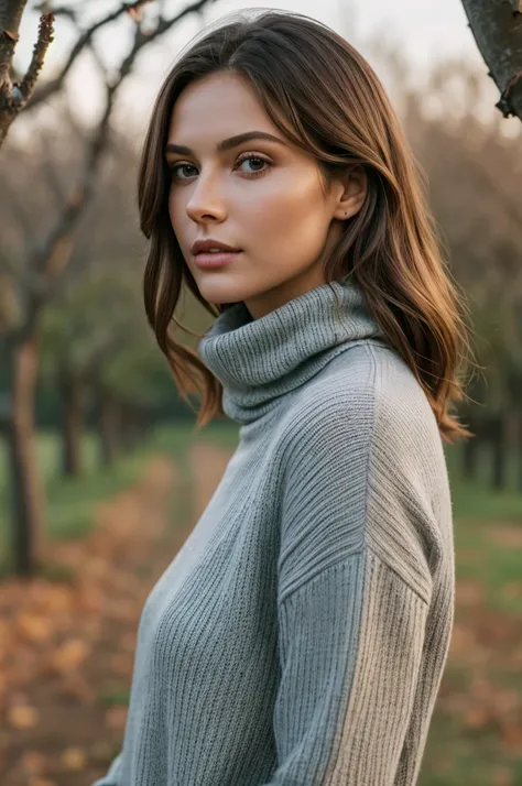 a beautiful woman in an orchard at night, wearing a turtleneck sweater, 4k, raw photo, best quality, 50mm, depth of field, ultra high resolution, complex, photorealistic, cinematic, masterpiece, ultra-detailed