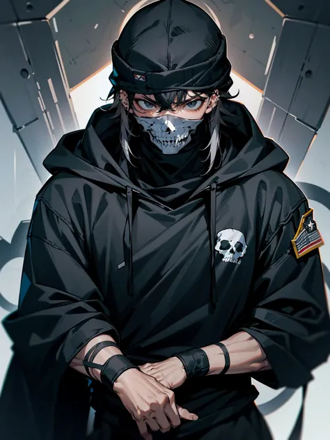 1male, adult, messy hair, black hair, beanie, hood ver head, black eyes, skull mask, eye piercing, lazy expression, serious expression, black military outfit, black sweatpants, muscular build