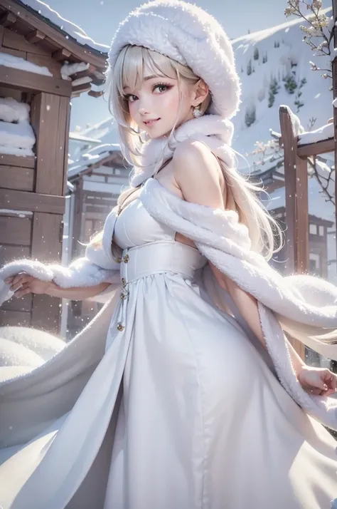 (the upper body:1.5).masterpiece、Highest quality、1 girl, winter, platinum blonde hair, Cute girl, smile, close mouse, medium breasts, sideboob:1.2, white dress, winter clothes, long skirt, Fur coat、Small waist、Thin legs、outdoors, front of the lake, snow fa...