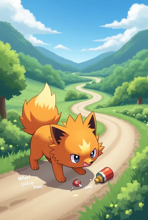 Create a cute image adding the phrase to the photo, " What I pick up from the road" as is,  with the Pokémon Arcanine