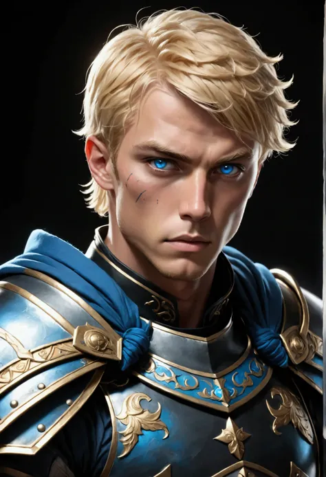 Anime style portrait, anime art, character portrait, black background, A male human fighter. Tall and athletic with short blonde hair and bright blue eyes. He wears sturdy leather armor adorned with various insignias and carries a longsword at his side. Sc...