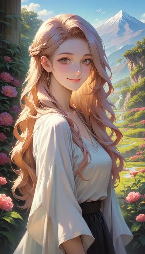 A beautiful anime-style girl, flowing long hair, gentle smile, in a lush garden with flowers, mountains in the background, soft lighting, vivid colors, cinematic composition, highly detailed, photorealistic, 8k, masterpiece