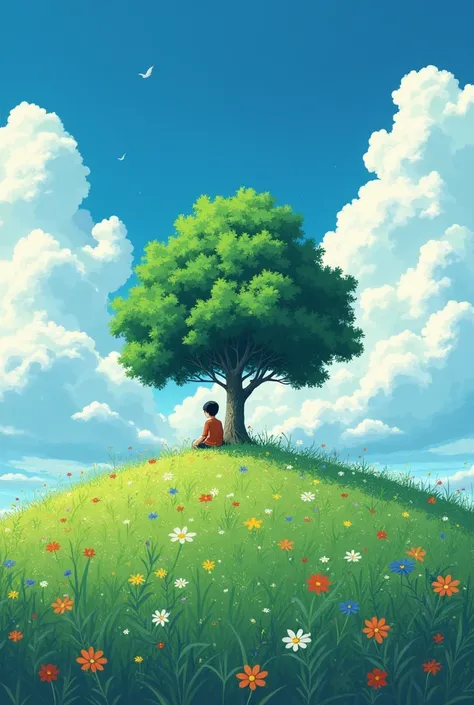 (photorealism:1.2), a single tree on a a hill in the center, flower around it, a boy sitting don the tree, anime, vintage, studio ghibli