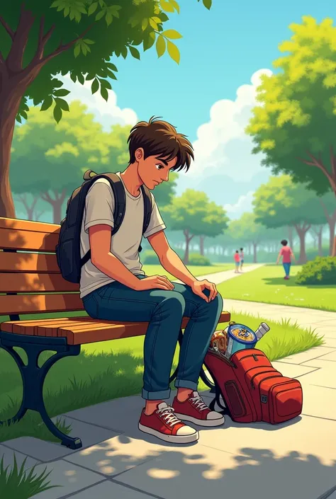 Panel 1: Setting: A sunny day in a small park. A character named Max is sitting on a bench, looking frustrated as he rummages through his backpack.