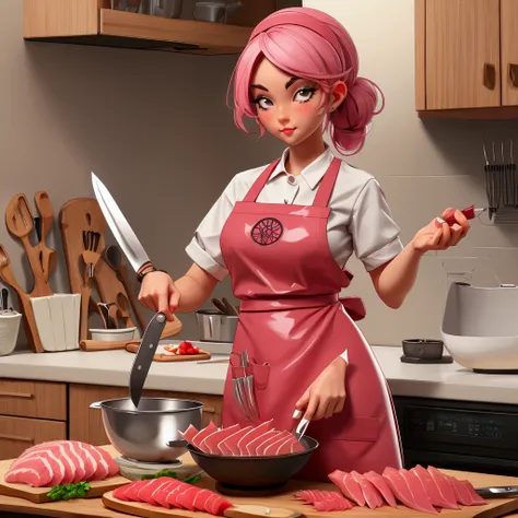 cutting board,knife,kitchen,food,watch,kitchen knife,1girl,apron,solo,indoors,holding knife,onion,holding,fingernails,bowl,meat,cut fish meat,sashimi,(Food close-ups:1.1),