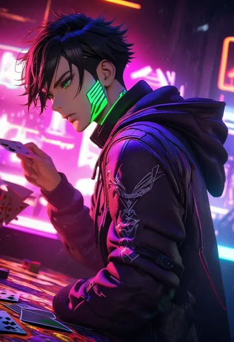 anime style, 1 man with short black hair and green eyes, wearing a black and purple hooded futuristic cyberpunk outfit, playing cards, intricate details, octane render, 8k, HDR, cinematic lighting, chiaroscuro, dramatic colors