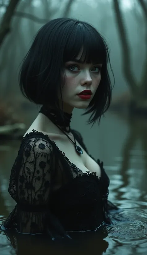 goth woman stuck in bog, psychological drama, detailed dress, bob-cut, nylon stockings, red lips