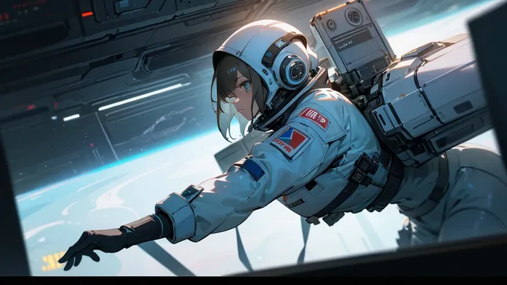 One girl, alone, Action Shots, Writing a blog,Wearing a spacesuit, Space Station, interior, Futuristic, Shine, (masterpiece:1.2), employment, Ultra-high resolution, 8k, high quality, (Sharp focus:1.2), clean, crisp, Cinematic