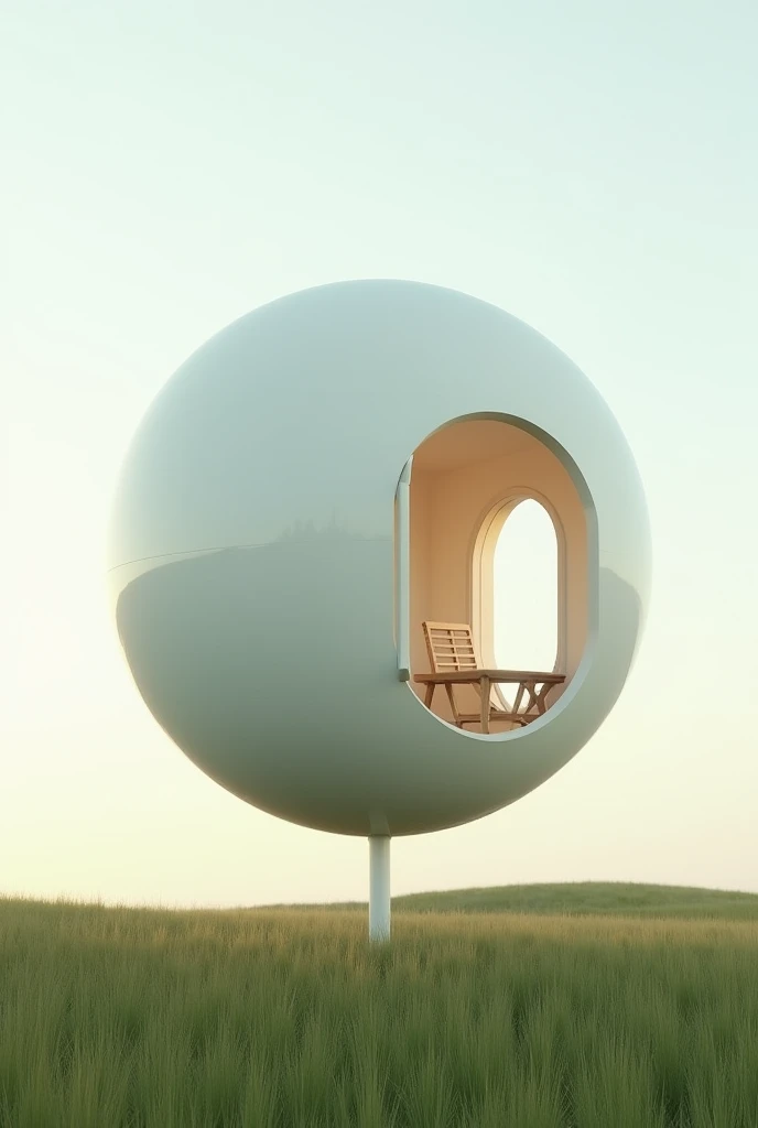 create furniture inside a round sphere
Make it a white sphere、Built on a vast grassland,
With a door and windows on the sphere,
Supported by a slender rod.