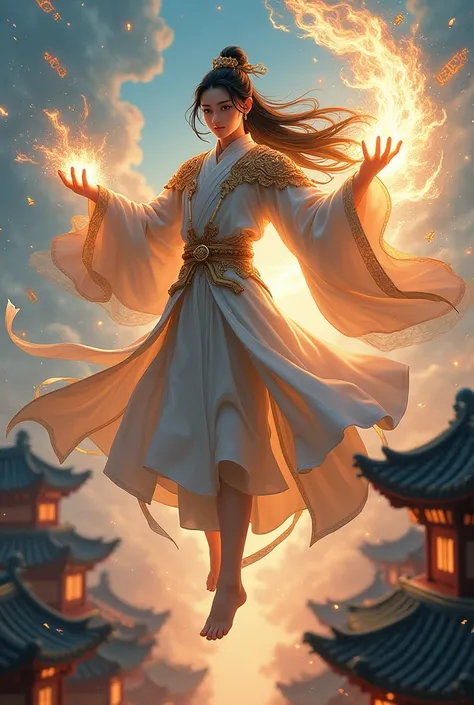 Ancient anime boy with long hair and beautiful face in Chinese costume is flying high above the rooftops and casting magic to exorcise demons, Next to it are some talismans and magic spells.