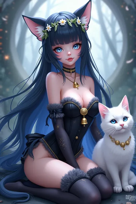 white foot, blue eye color, long black hair with cat ears and piecipg in the ears, tiara of white stars and white flowers with leaves, necklace with a yellow bell, black strapless corcet with a small white bow on the chest, legwarmers something fluffy in t...