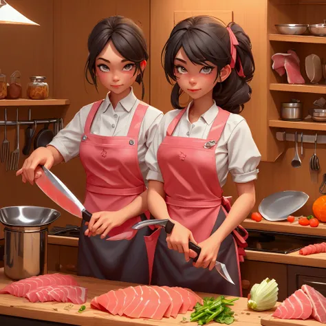 cutting board,knife,kitchen,food,watch,kitchen knife,1girl,apron,solo,indoors,holding knife,onion,holding,fingernails,bowl,meat,cut fish meat,sashimi,(Food close-ups:1.1),