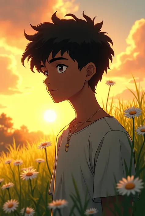 Teenager dark-skinned man in Golden hour in a grass with daisy flowers anime