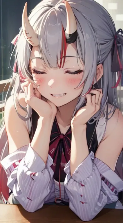 Ayame Nakiri,Silver Hair、horn、Face close-up、Resting your elbows on the table、Place your chin on your hands、smile：1.2，Close ~ eyes、Open your mouth、Teeth are visible、Embarrassed、cute