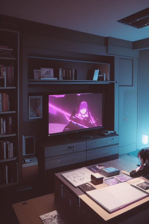 there is a girl sitting on a bed in a room playing video games, big television, teen room with books, cyberpunk, inspired by Liam Wong, at night, dark room, lo-fi illustration style, gamer room, studying in the room, cyril rolling over and m.w kaluta, teen...