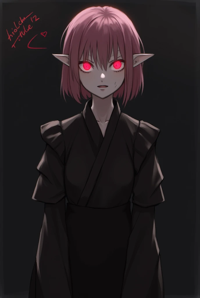 1girl, pale skin, fresh wounds, dark pink hair, short hair, (glowing red sclera: 1.4), narrow eyes, black dress, dark colors, dark shades, gloomy tones, pastel colors, shadowed face, gloomy