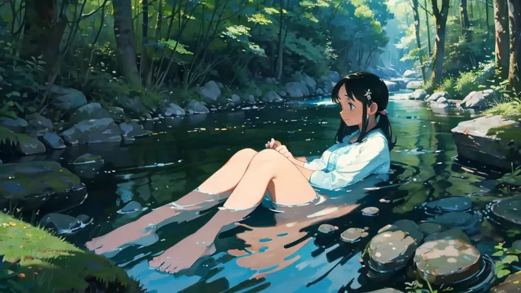 By the stream in the woods、Scene with pretty young woman relaxing with her feet in water、Perfect Face、particle