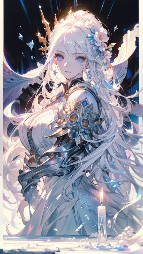 a highly detailed fantasy portrait of a beautiful female mage with long white hair and double braids, wearing an ornate floral bridal armor set, standing in front of a vast and epic magical battlefield, with a serene and powerful aura surrounding her, on a...