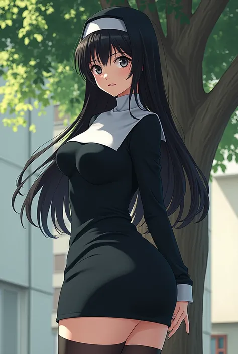 Young woman, Twenty years old, long black hair, Wearing what looks like a tight nuns dress, Big chest, Thin waist, Big butt, Revealing slender legs, Wear black stockings, Standing beside the tree, Drawing style: Manga 2.5D