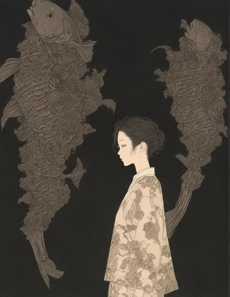 Generate an illustration of a beautiful girl looking at a museum exhibition room lined with fish bone specimens, in the style of Takato Yamamoto. The main focus is on the fish specimens. The exhibition room is dark, and only the fish bone specimens are lit...