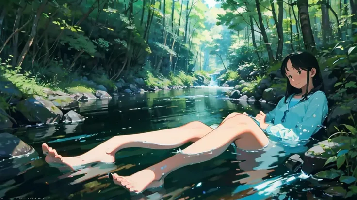 By the stream in the woods、Scene with pretty young woman relaxing with her feet in water、Perfect Face、particle