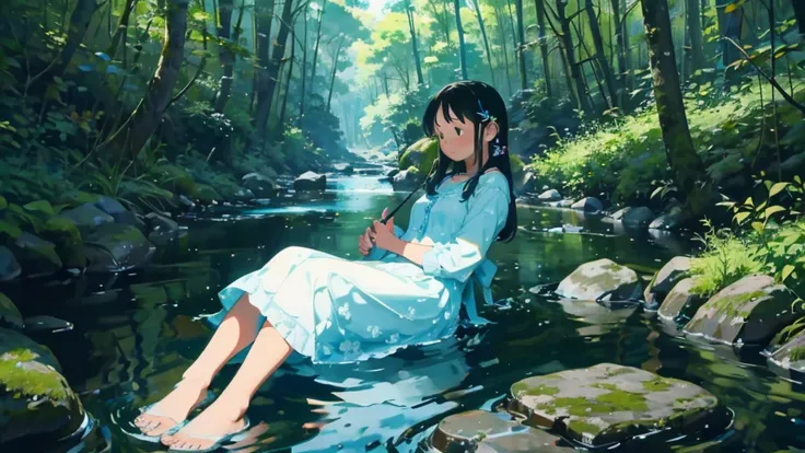 By the stream in the woods、Scene with pretty young woman relaxing with her feet in water、Perfect Face、particle