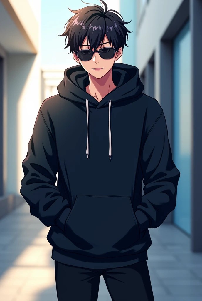 Cool male anime character with hoodie and sunglasses looking straight in the camera with happy face standing in studio