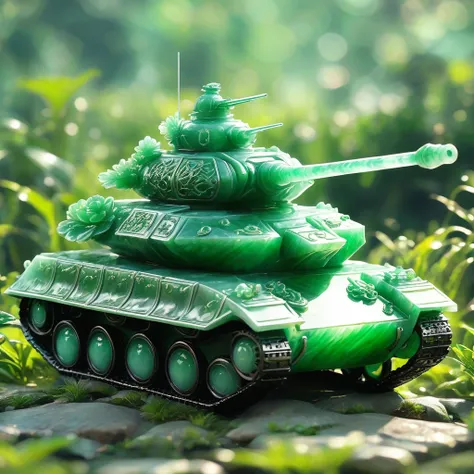 best quality, very good, 16K, ridiculous, Very detailed, Armored Tank，Made of translucent jadeite, Background grassland（（A masterpiece full of fantasy elements）））， （（best quality））， （（Intricate details））（8K）