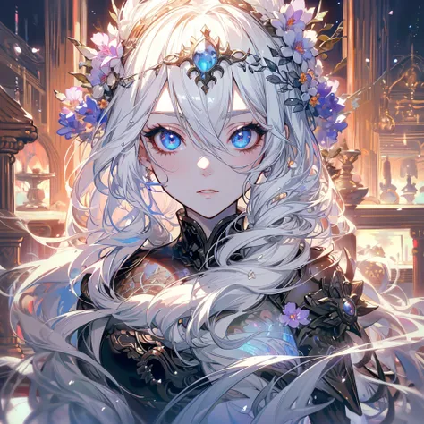 a highly detailed fantasy portrait of a beautiful female mage with long white hair and double braids, wearing an ornate floral bridal armor set, standing in front of a vast and epic magical battlefield, with a serene and powerful aura surrounding her, on a...