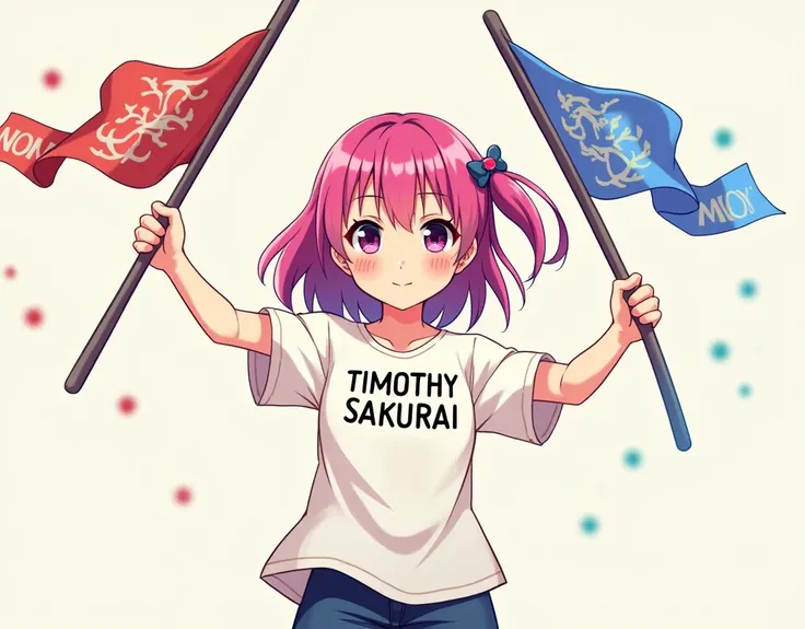 anime girl wearing a Shirt with imprint "TIMOTHY SAKURAI" holding two flags 