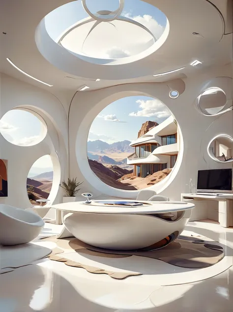 bedroom study concept for futuristic home incorporates organic fluidity、circles and geometric shapes，and use artistic imaginatio...