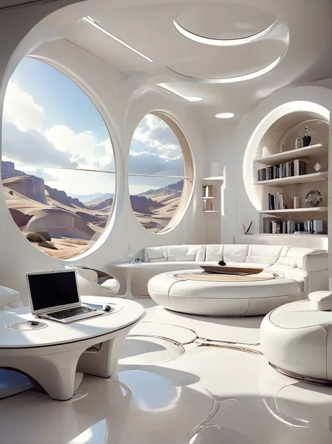 bedroom study concept for futuristic home incorporates organic fluidity、circles and geometric shapes，and use artistic imaginatio...