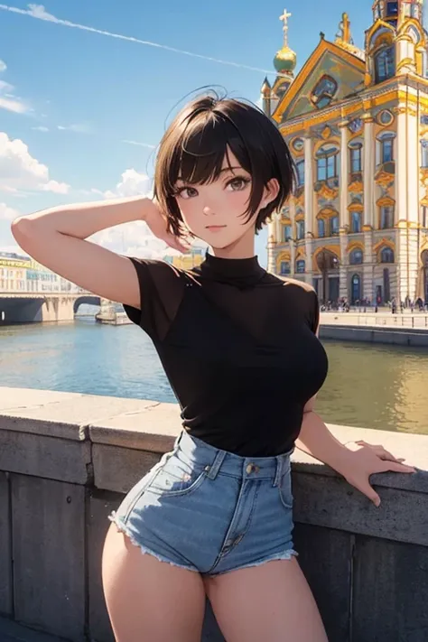 (masterpiece, highest quality:1.1), (Popart Style),Flat Color,((one Girl)),Cute face, ((short hair)), 19y.o.,Enjoy your trip, (Saint Petersburg), Russia, Beautiful detailed scenery, Beautiful lighting,very happy,Dynamic pose,photo portrait, sharp,An illust...