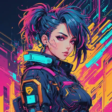 A charming cyberpunk anime girl, intricate ink line art, vibrant vector illustration, bold strokes, glitch art elements, flat color palette, dynamic key visual, technical schematics, minimalist linework, masterpiece