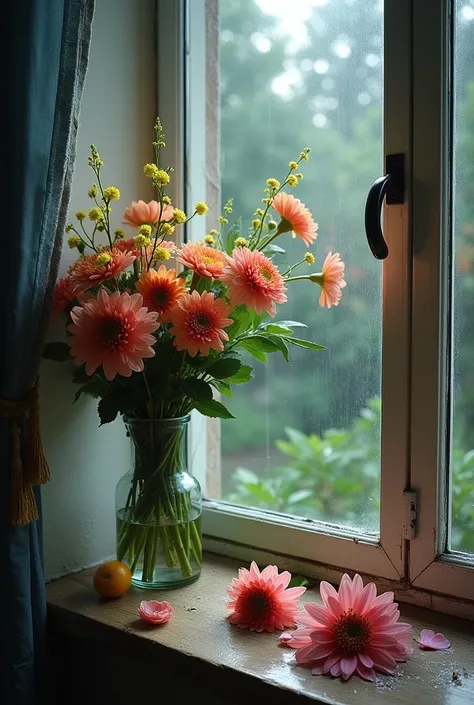 (Photorealism:1.2), the same vase broken, flowers are lying on the windowsill, water spilled, there&#39;s a storm outside